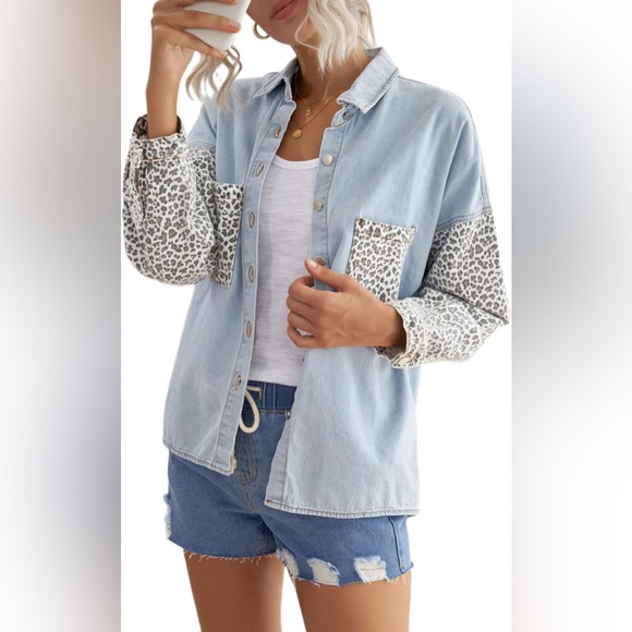 NEW Casual Leopard Denim Lapel Long Sleeve Button Down Oversized Jackets Coat - Picture 9 of 9